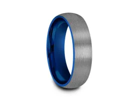 6MM Brushed GRAY GUNMETAL Tungsten Wedding Band DOME AND BLUE INTERIOR