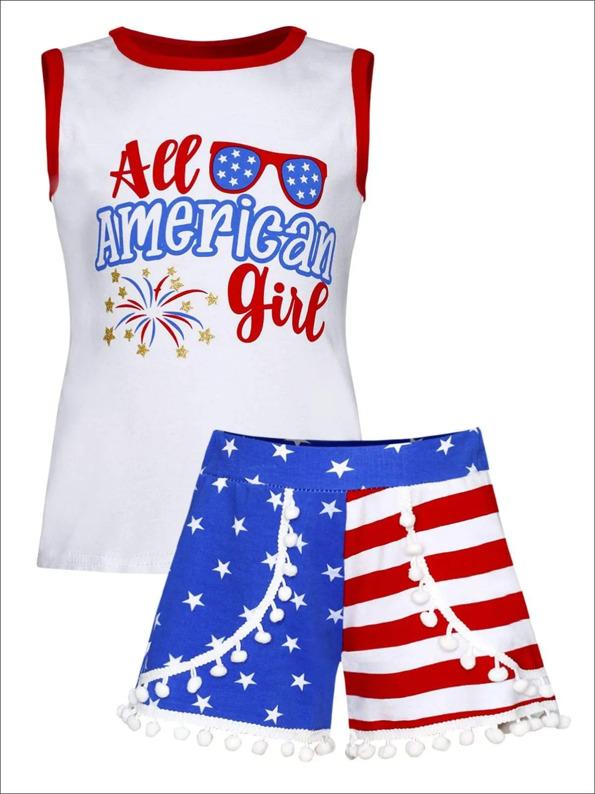 All American Girl Top And Pom Pom Short Set