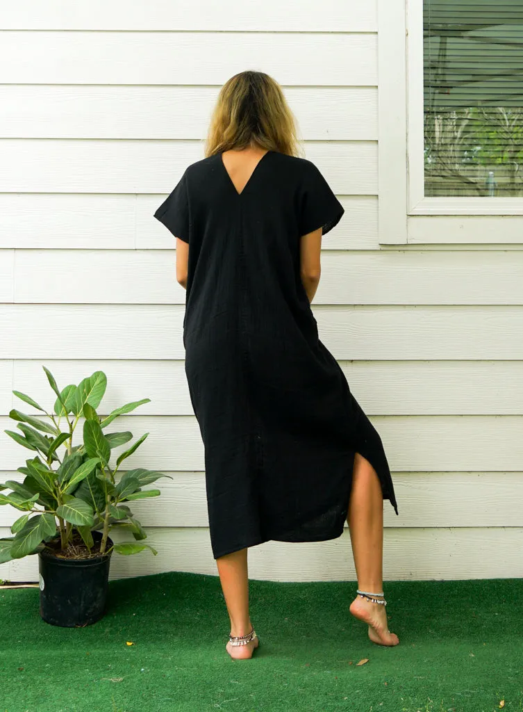 Black Double Gauzed Muslin Cotton Dress with Pockets