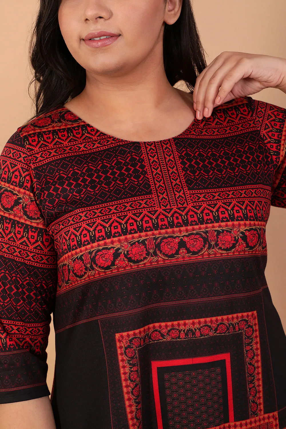 Black Red Scraf Printed Kurti