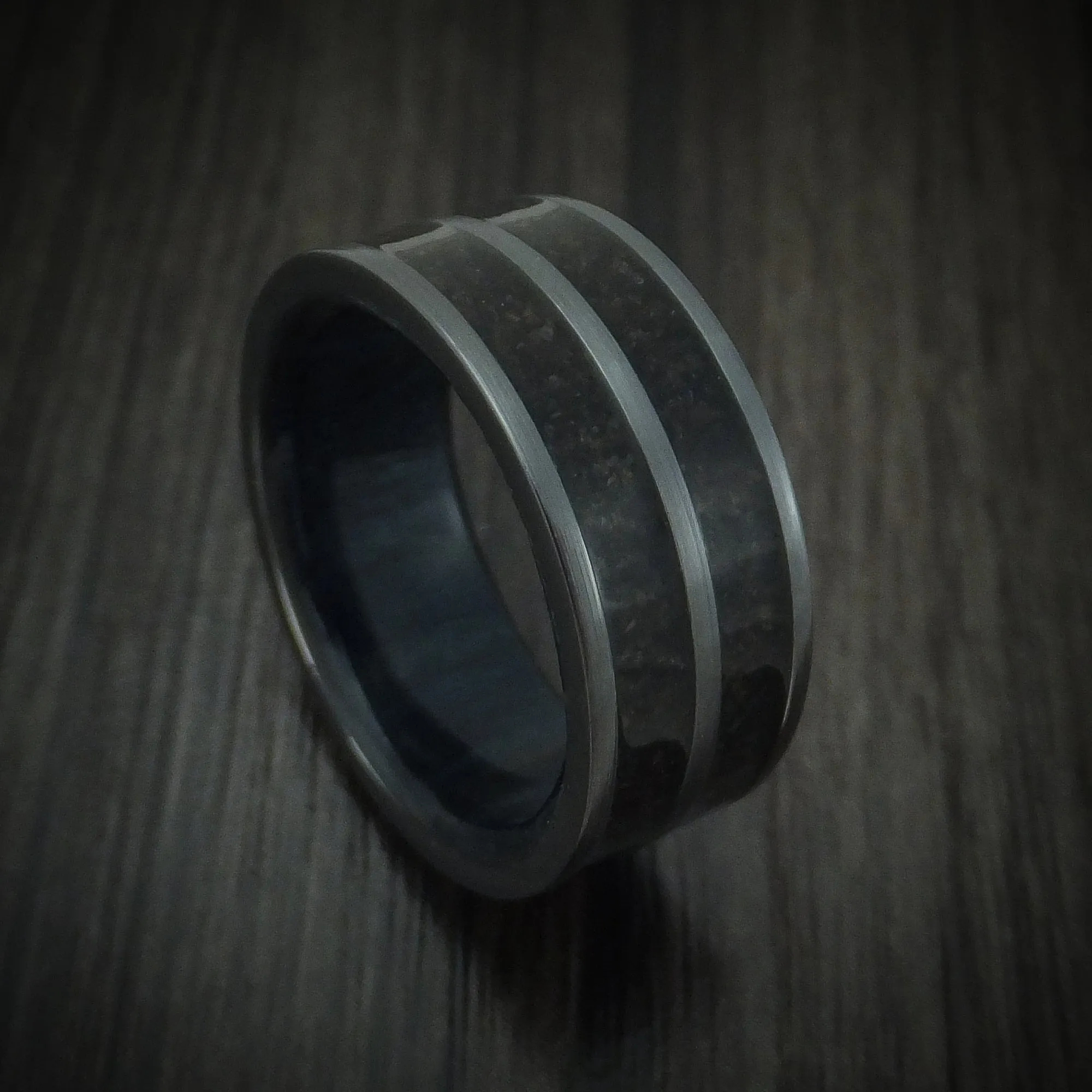 Black Zirconium Dinosaur Bone Men's Ring with Hardwood Sleeve