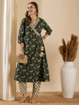 Ethnic Floral Paisley Printed Angrakha Kurta with Pant - Green