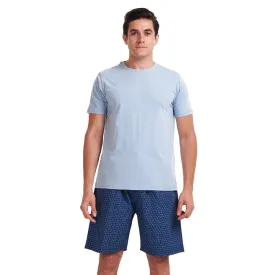 Men summer pajama set Light blue T-shirt  Blue leaves shorts