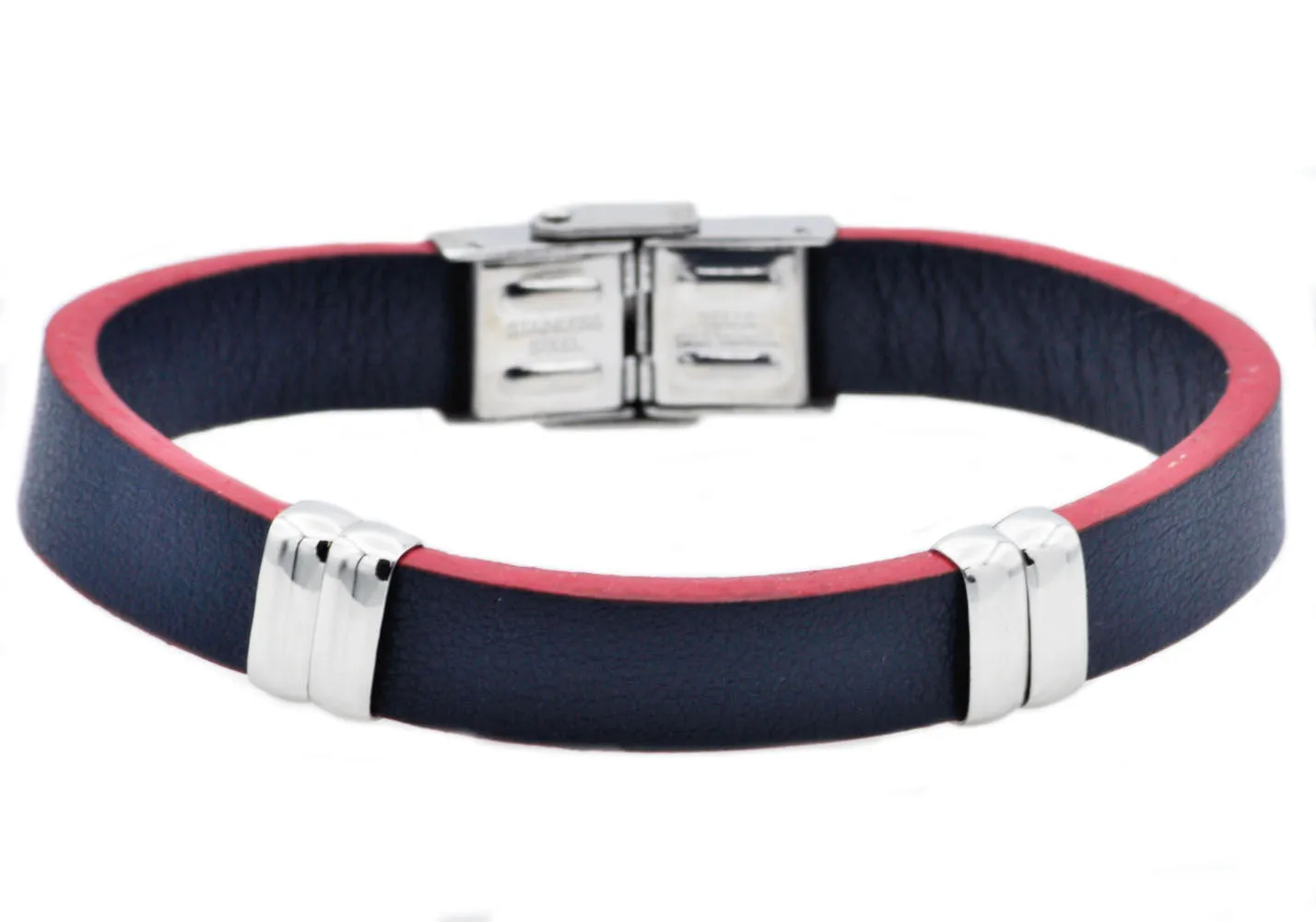 Mens Blue And Red Leather Stainless Steel Bracelet