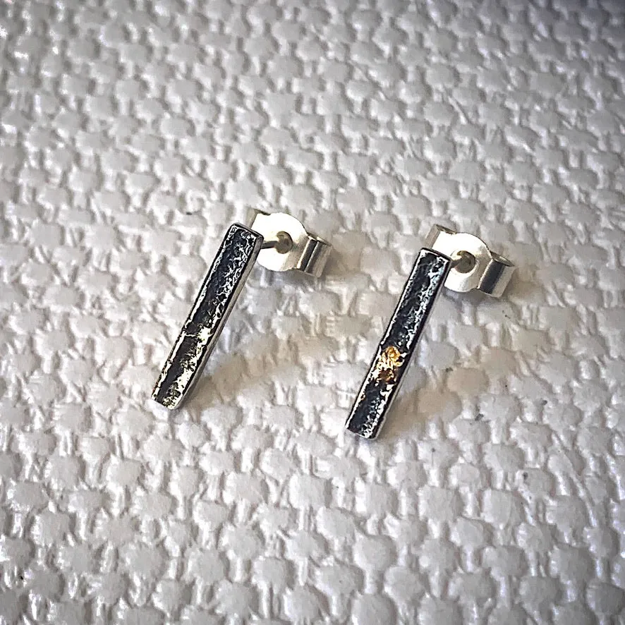 Solid sterling silver and gold bar stud earrings